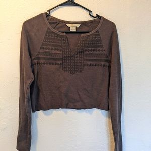 Thrifted Cropped Long Sleeve Grey Embroidered Boho Hippie Henley Top